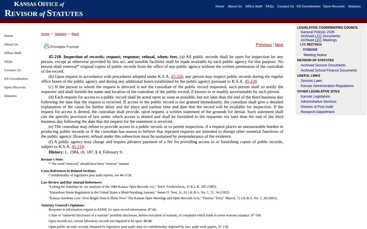 Kansas open-records law for Anderson County 24-hour release records