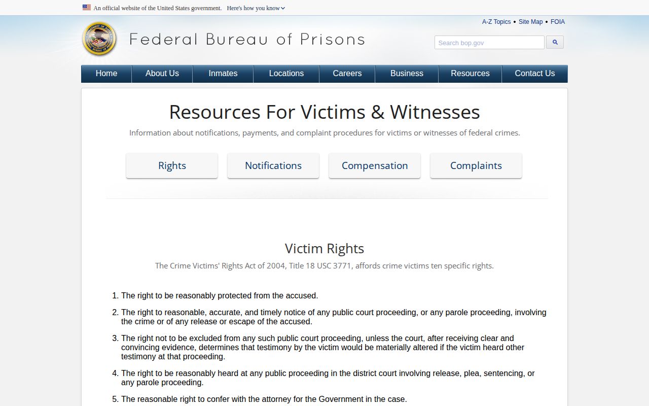 Federal Bureau of Prisons victim notification resources