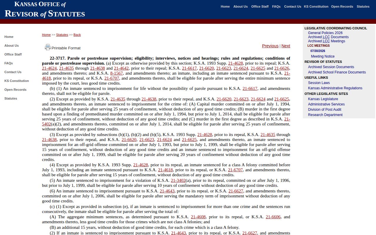 Anderson County projected release date Kansas parole statute